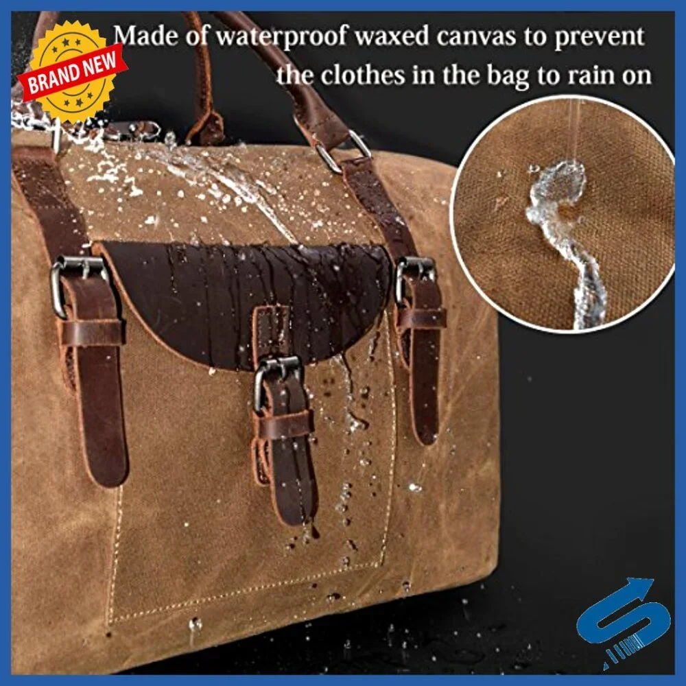 Oversized Travel Duffel Bag Waterproof Canvas Genuine Leather Weekender Carryon
